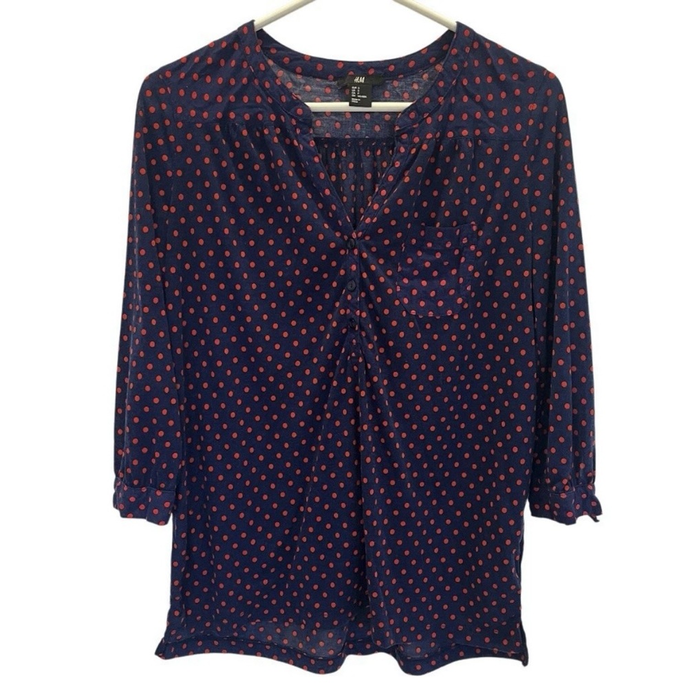 H&M Womens S Polka Dot Blouse Buttons Pocket Red Blue Lightweight